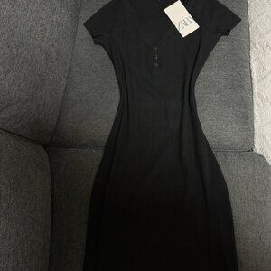 Zara Black Sheath Midi Dress Crew Neck Cap Sleeves